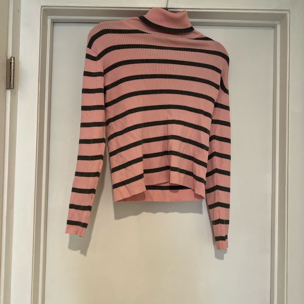 Pink and Grey Striped Turtleneck Sweater